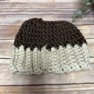 Elegant Brown and Cream Knit Messy Bun Beanie